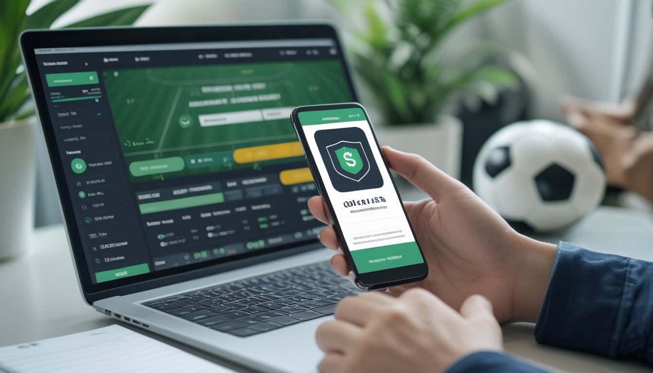 Meja kerja dengan laptop berisi analisis pertandingan sepak bola, ponsel, bola, dan perlengkapan pencatatan.