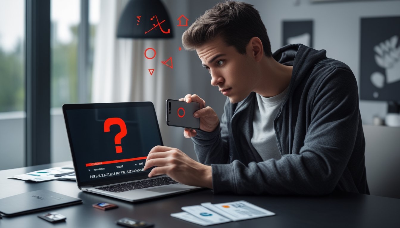 Seorang pemula memeriksa laptop dan ponsel dengan ekspresi waspada, disertai simbol peringatan dan tanda-tanda penipuan.