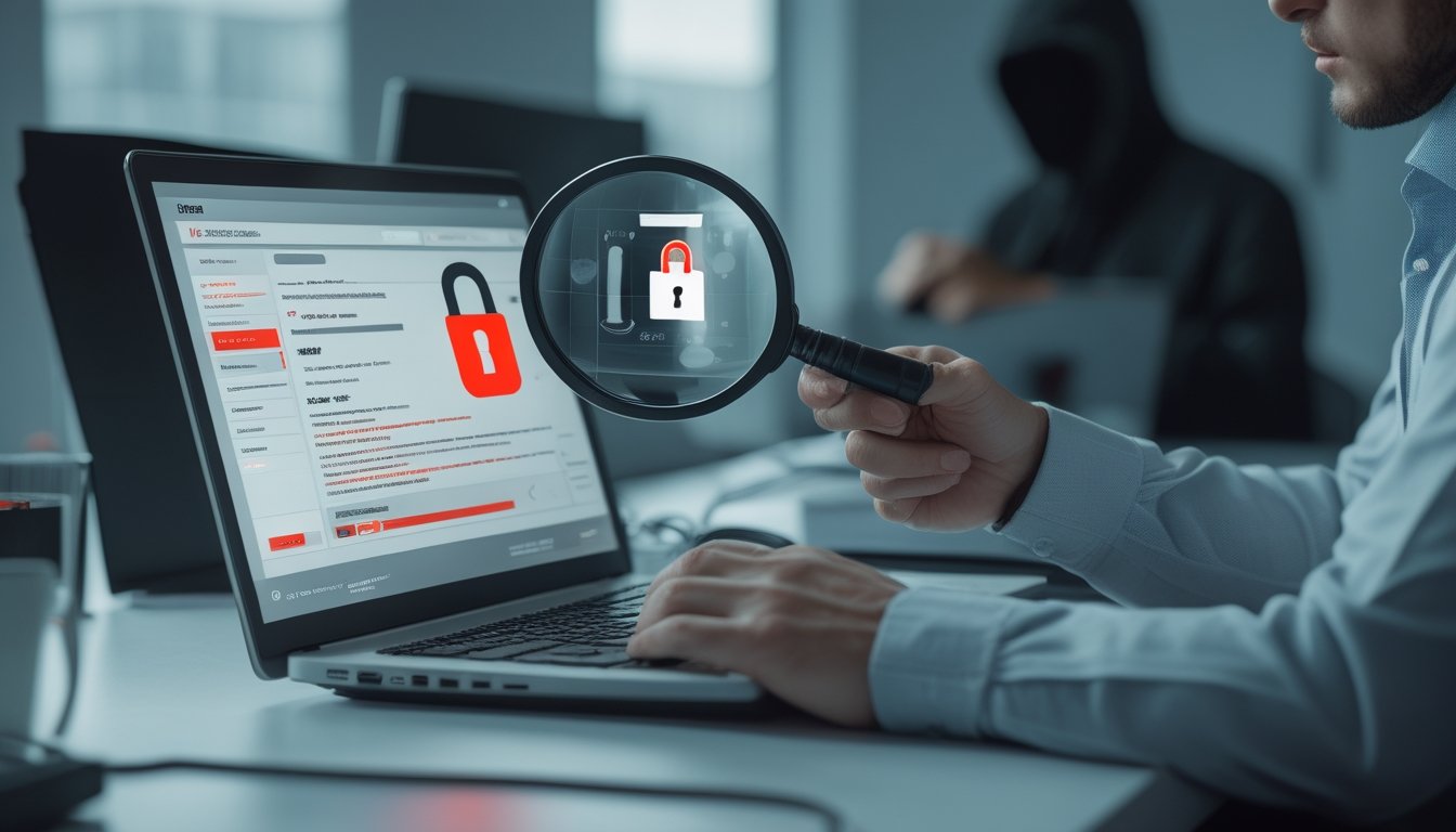 Pemula memeriksa dokumen dan akun taruhan daring yang tampak mencurigakan di depan laptop.