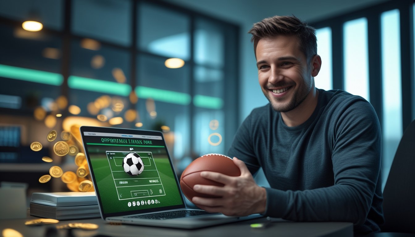 Penggemar sepak bola tersenyum melihat laptop di ruang kerja modern dengan suasana stadion yang samar.