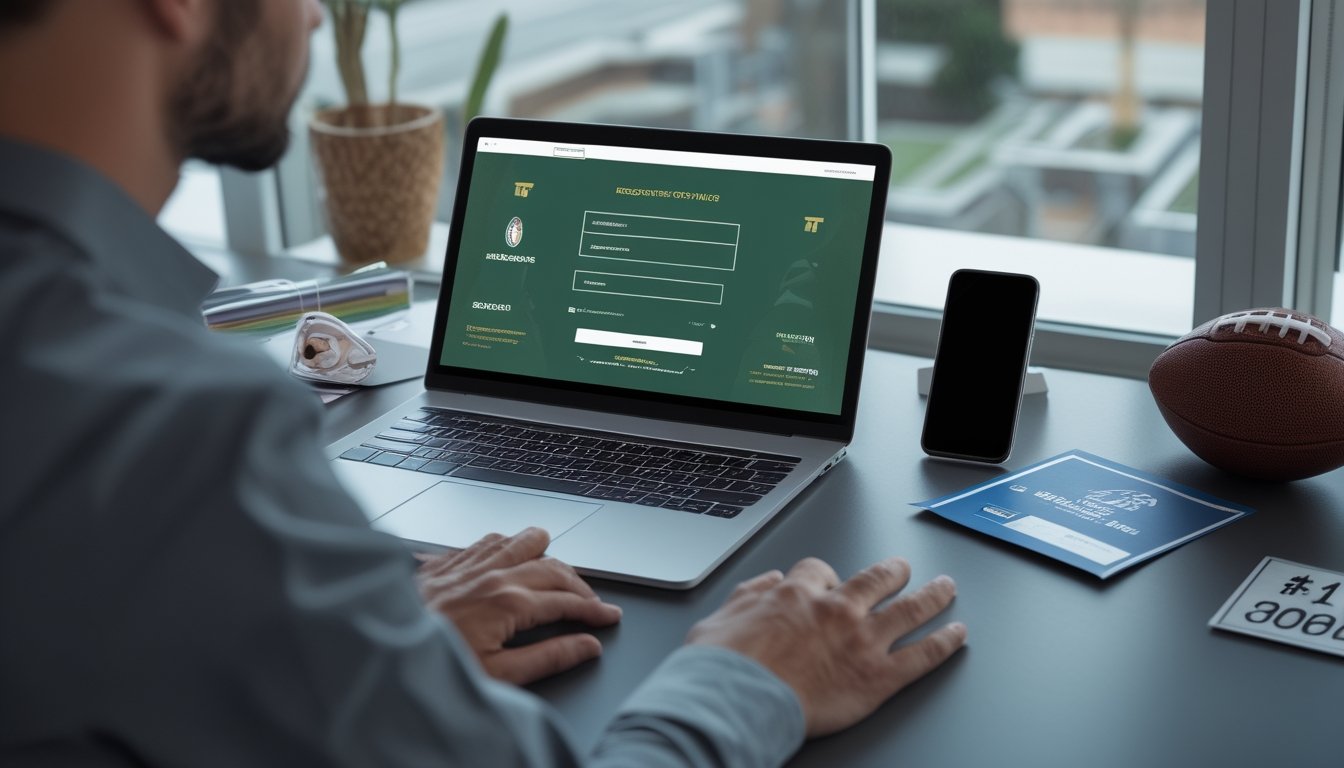 Seseorang meninjau proses pendaftaran akun sepak bola di laptop dengan perlengkapan olahraga di meja.