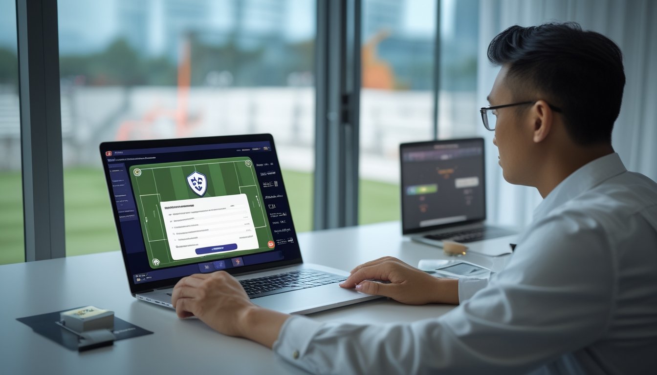 Seseorang memeriksa platform taruhan sepak bola yang aman dan berlisensi di laptop dalam ruang kerja modern.