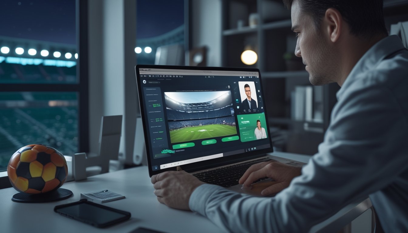 Orang dewasa memeriksa platform olahraga melalui laptop dengan dukungan layanan pelanggan di ponsel, disertai bola sepak dan simbol keamanan.