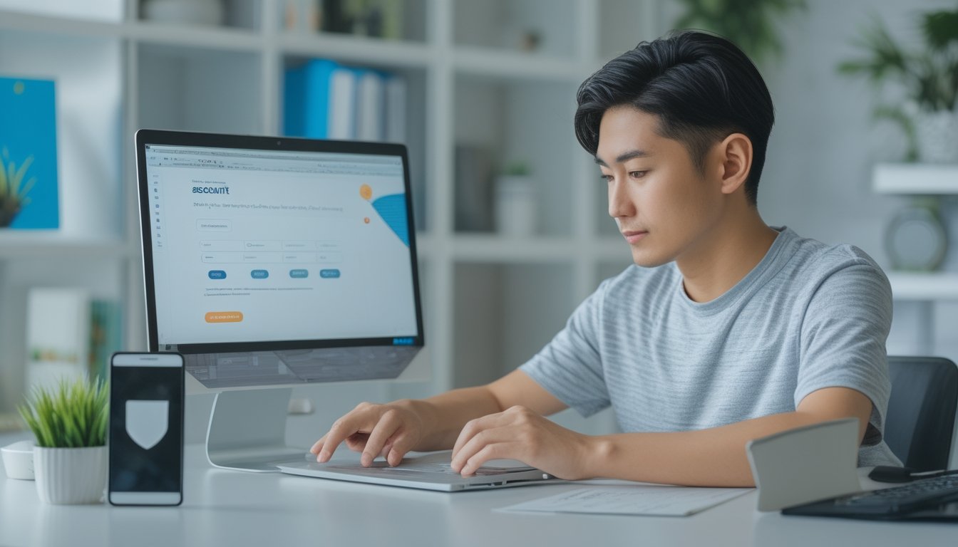 Seseorang mengisi formulir pendaftaran akun daring di laptop dalam ruang kerja yang rapi.