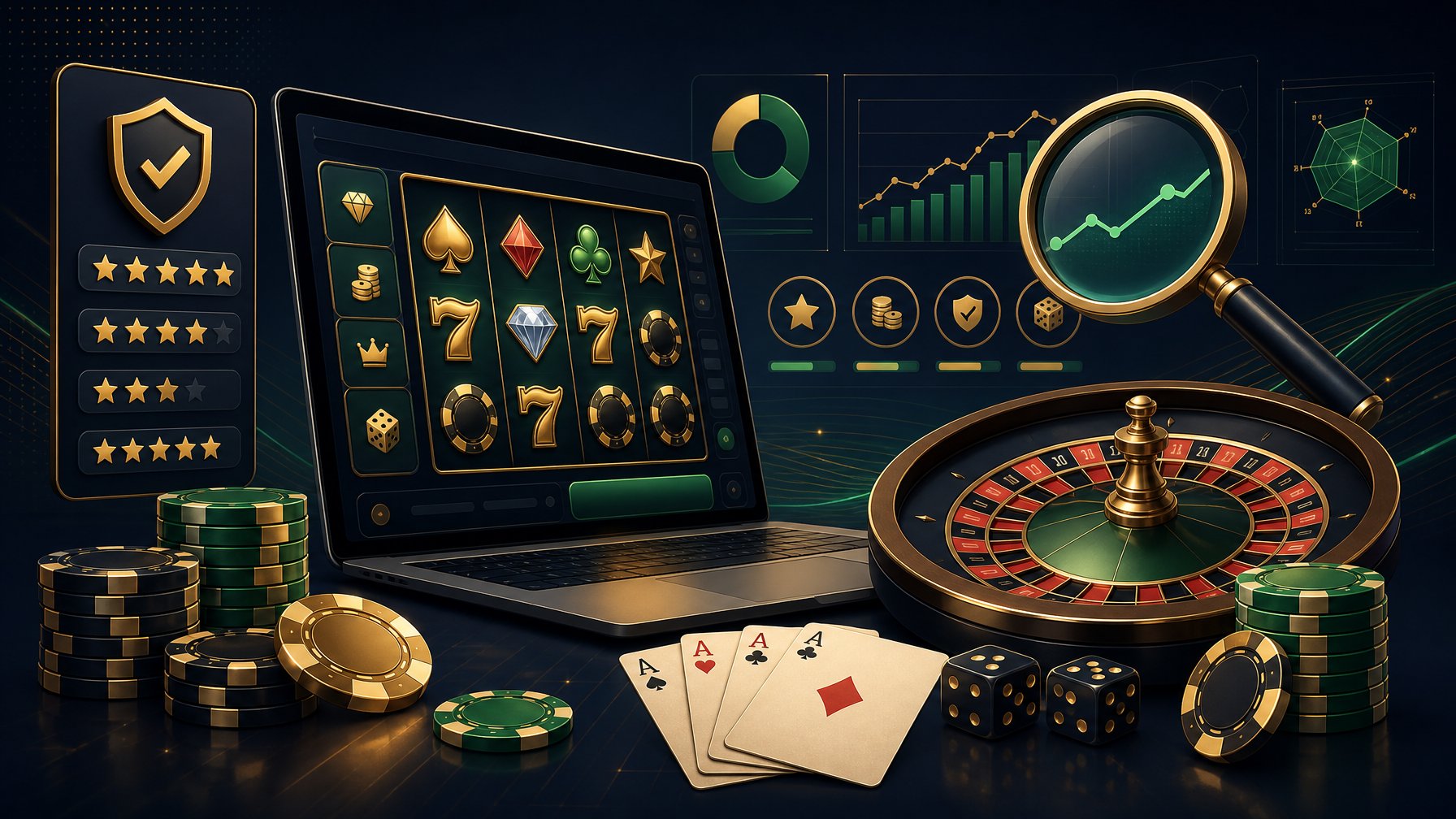 A Sophisticated Digital Casino Scene With Slot Games, Roulette, Playing Cards, Casino Chips, And Data Analysis Elements.