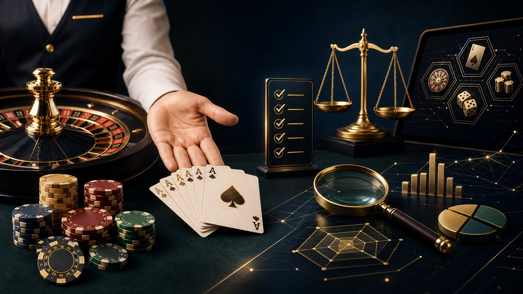 A Refined Casino Scene With Playing Cards, A Roulette Wheel, Chips, And Visual Elements Suggesting Professional Evaluation.