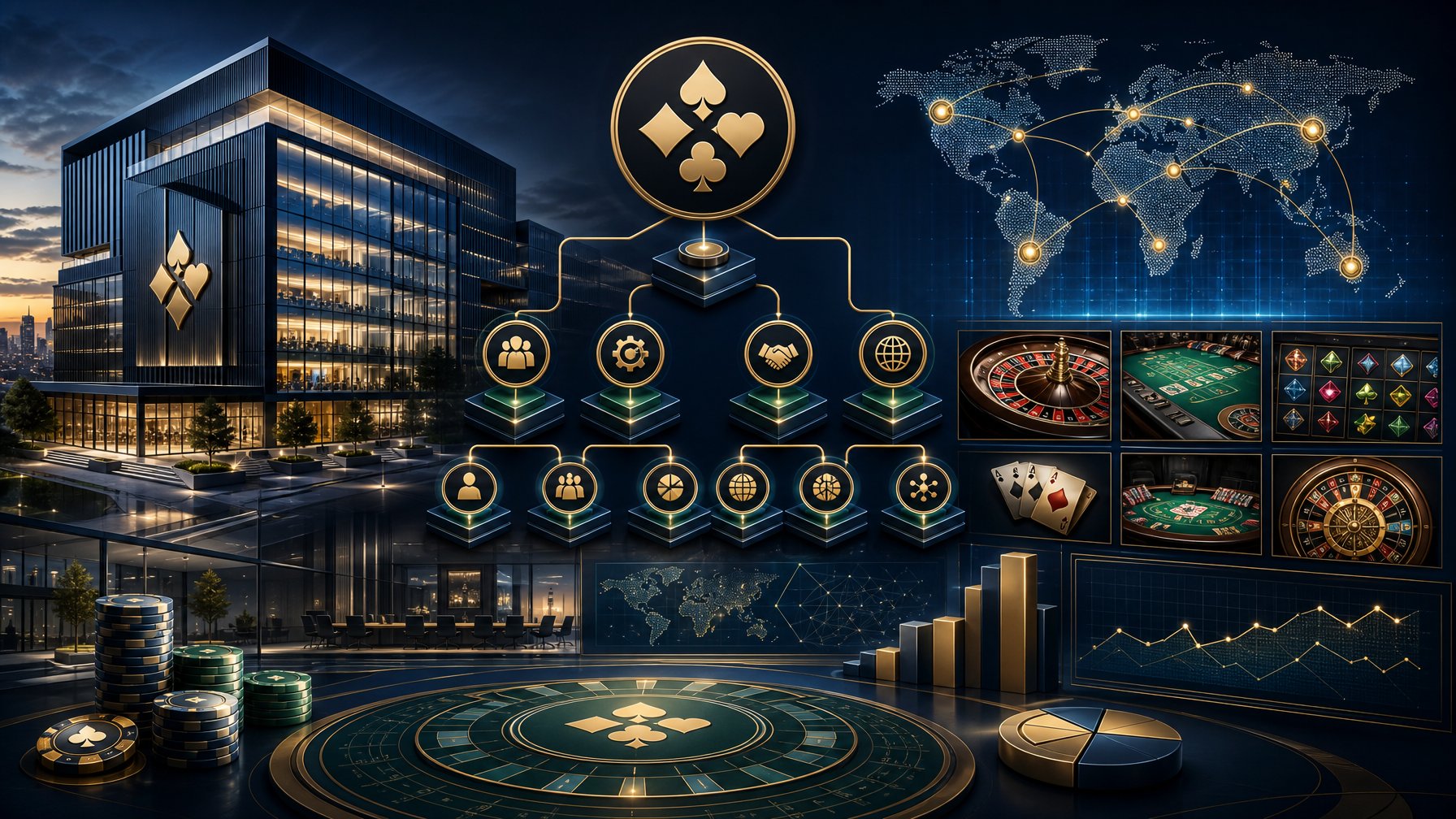 A Modern Casino Game Company Headquarters Connected To A Global Digital Network, Surrounded By Abstract Gaming Symbols And Business Relationship Elements.