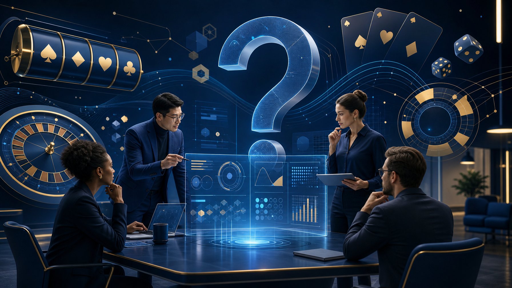 Professionals Reviewing An Abstract Online Casino Gaming Dashboard With QuestionMark And CasinoThemed Symbols.