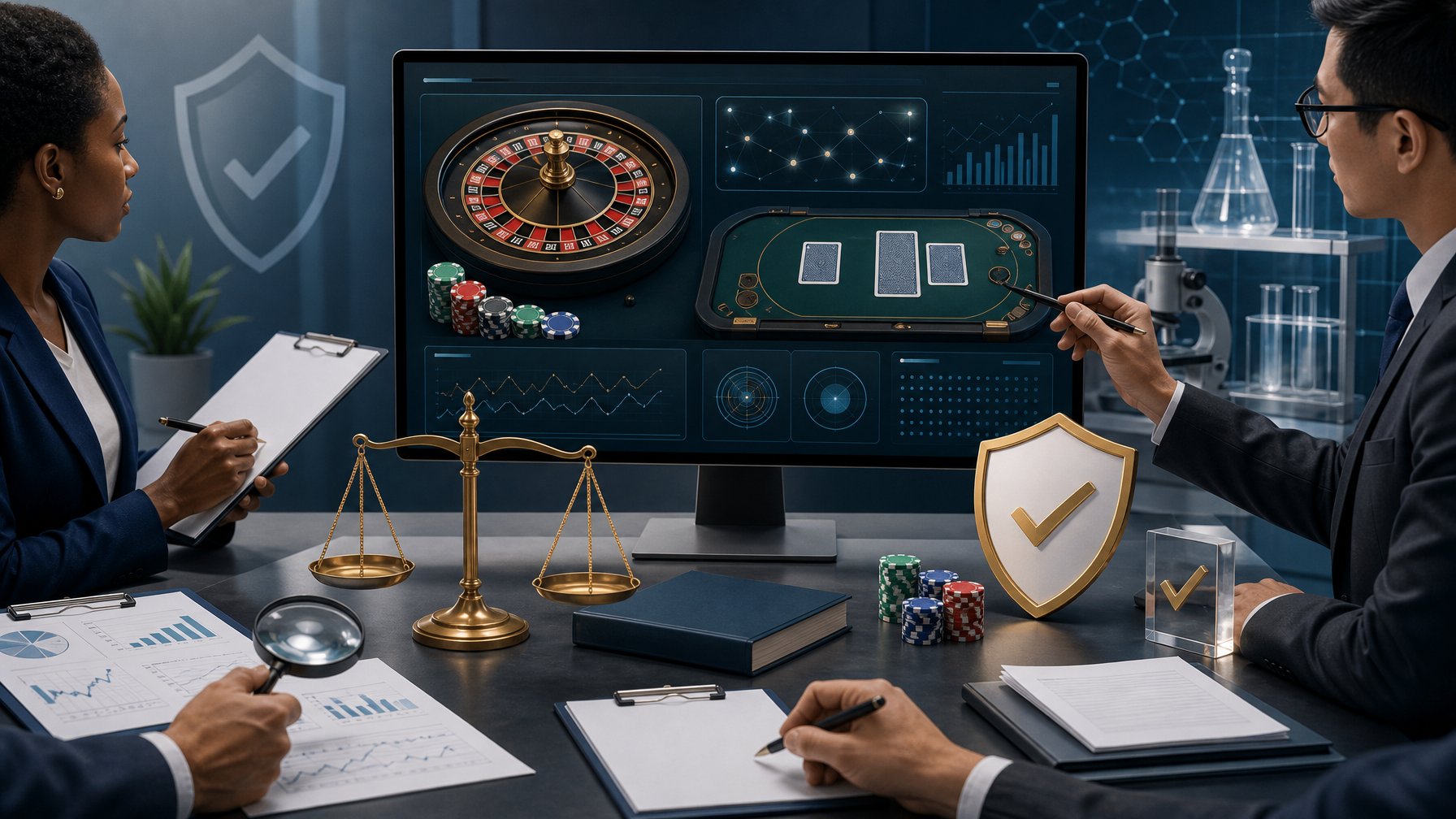 Professionals Review A Casino Game System Alongside Symbols Of Testing, Security, Regulation, And Fairness.
