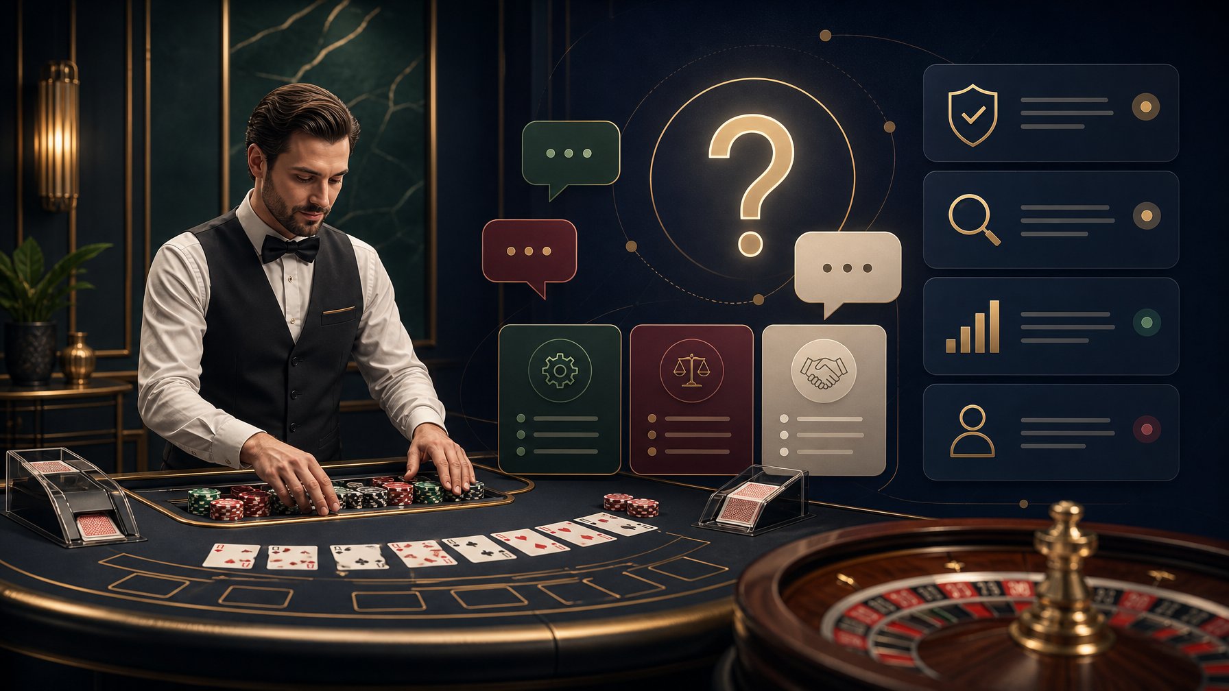 A Sophisticated Casino Table With Cards, Chips, And Abstract QuestionAndAnswer Symbols.