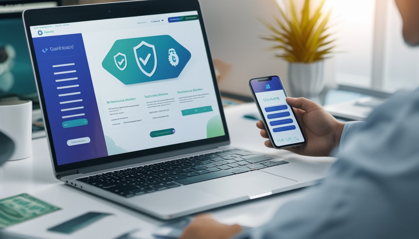 Seseorang memeriksa antarmuka platform digital aman pada laptop dan ponsel di meja kerja modern.