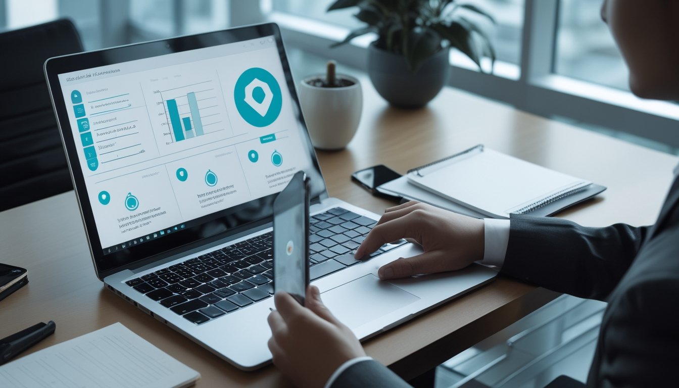 Seorang profesional meninjau platform digital dengan simbol keamanan dan verifikasi di laptop serta ponsel.