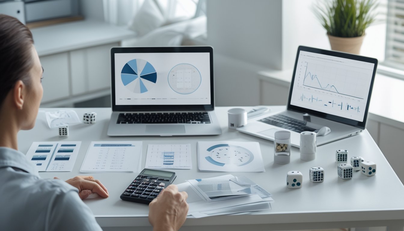 Seseorang mempelajari grafik probabilitas dan benda-benda yang tersusun acak di meja kerja.