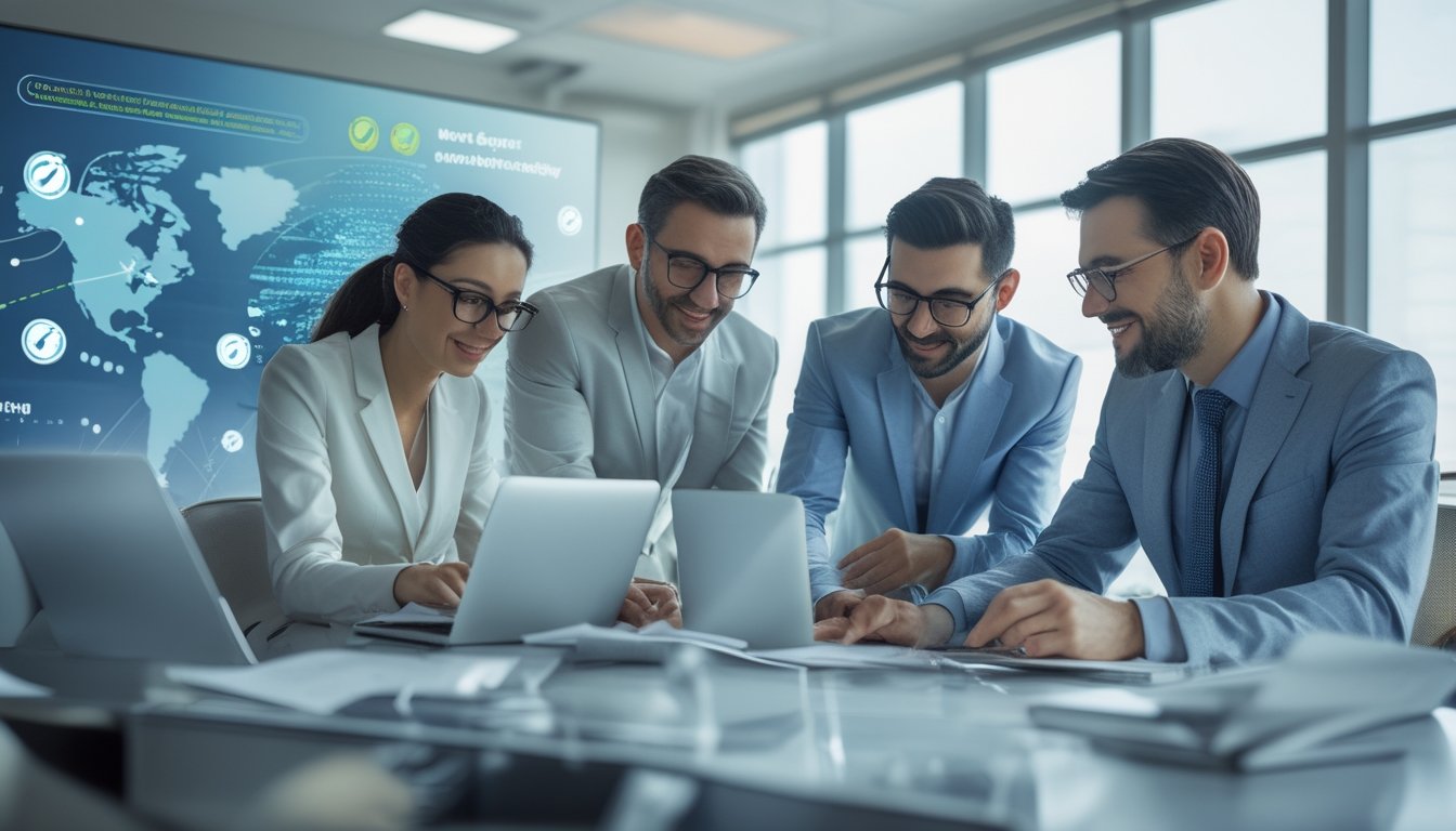 Sekelompok profesional dewasa membahas layanan digital yang aman dan terpercaya di kantor modern.