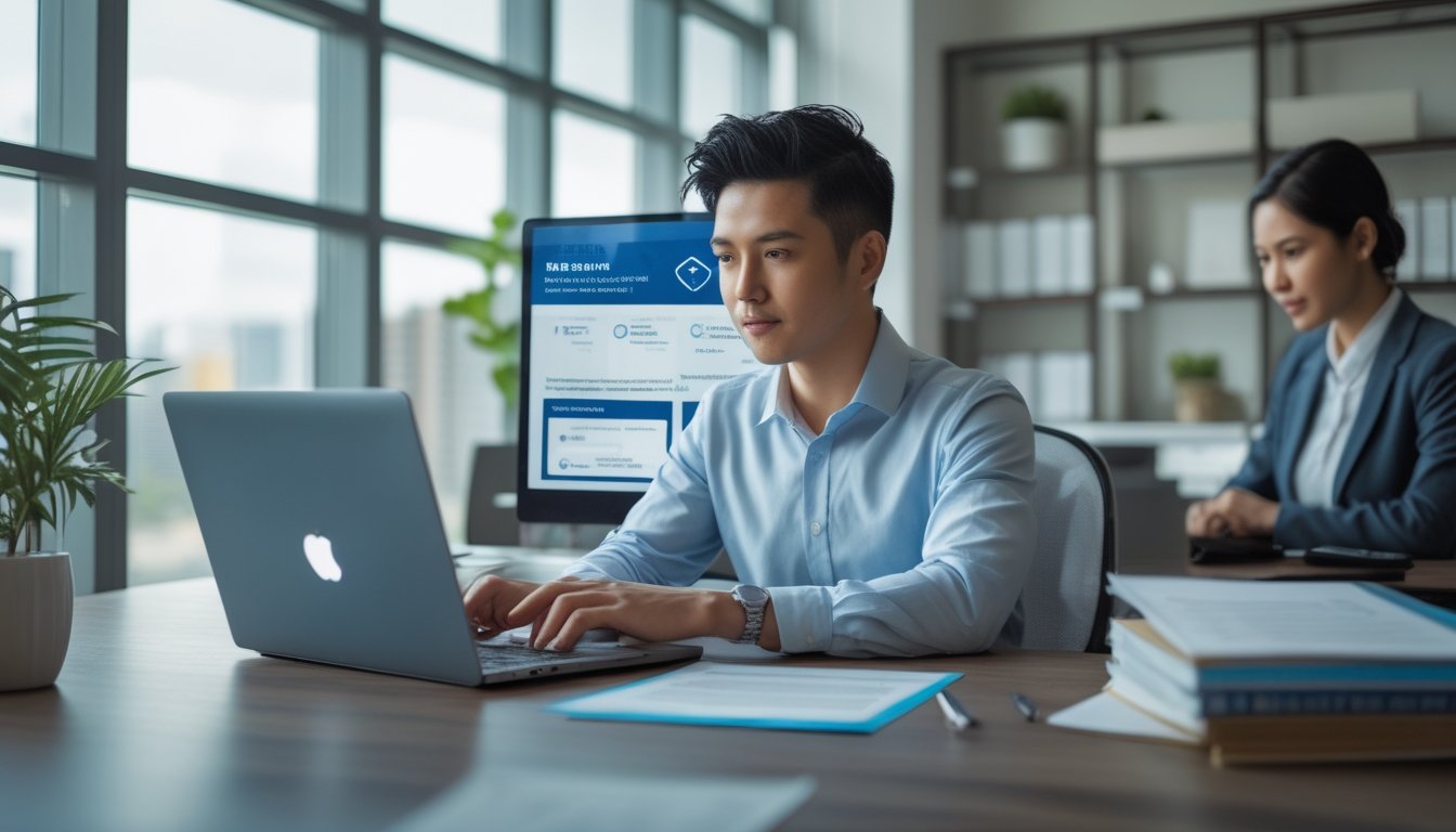 Seorang profesional meninjau platform digital yang aman di ruang kerja modern dengan dukungan rekan kerja.