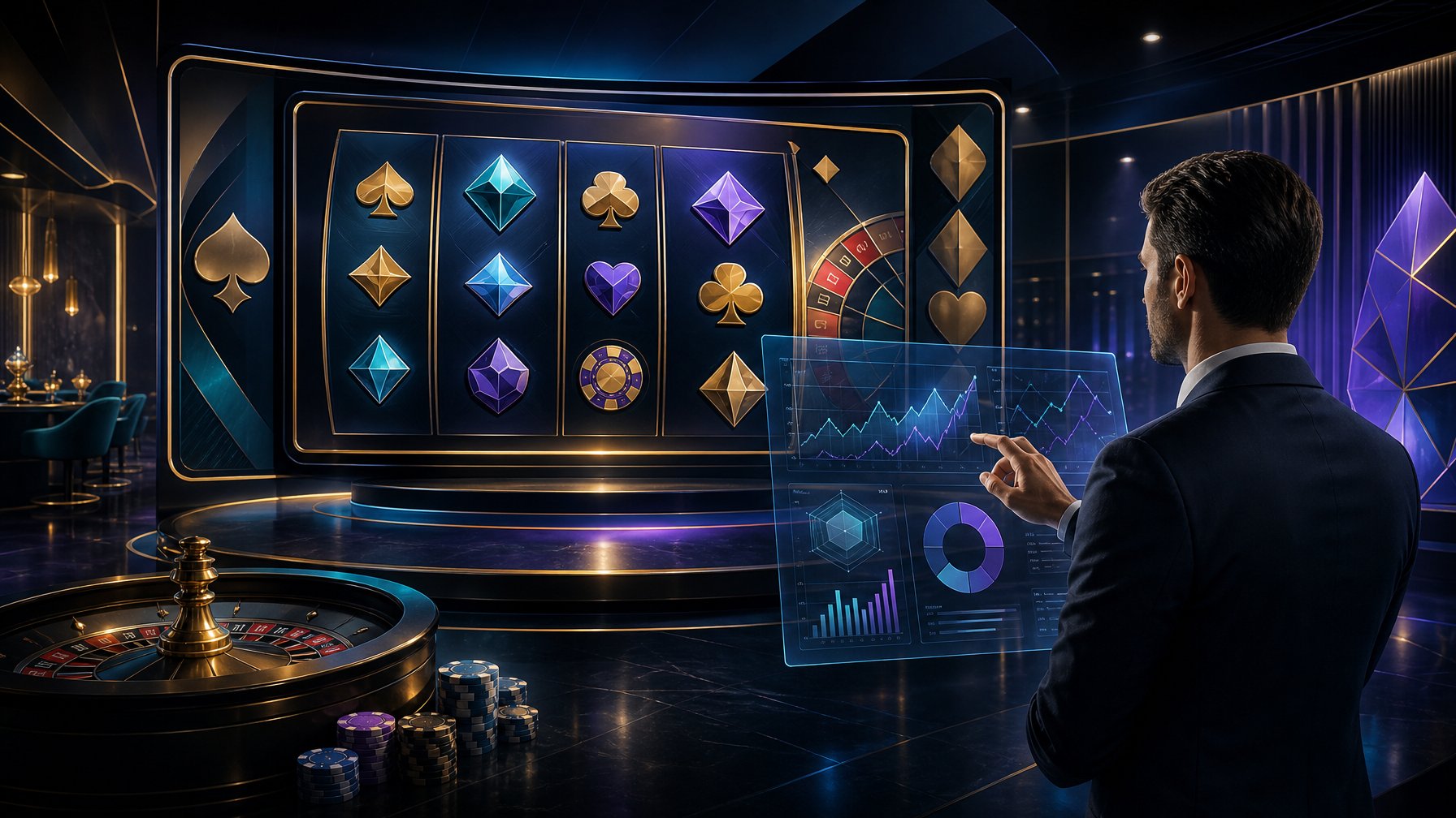 A Professional Reviewing Digital Casino Games In A Sophisticated Modern Casino Setting.