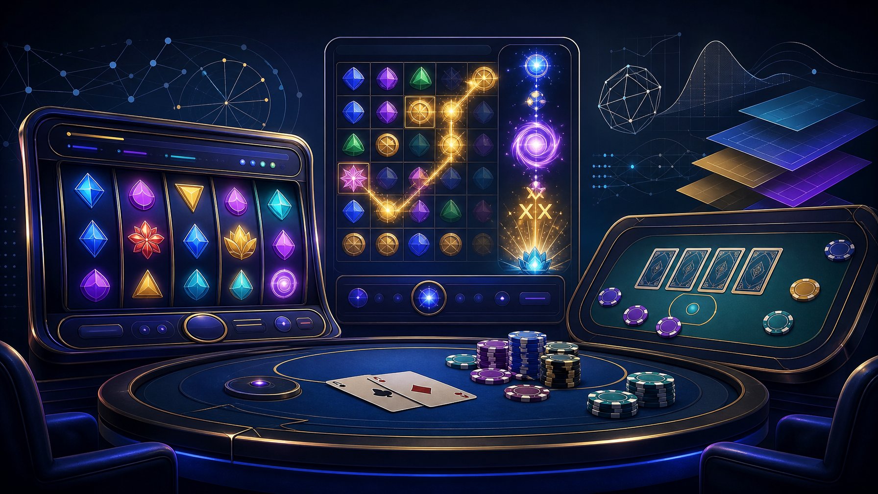 A Modern Casino Game Interface Displays Slot Reels, Cards, Chips, And Glowing Gameplay Features In A Sophisticated Digital Setting.