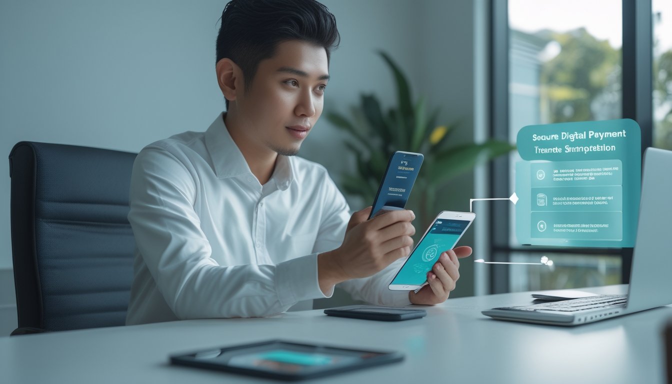 Seseorang menggunakan ponsel untuk melakukan pembayaran digital melalui dompet elektronik.