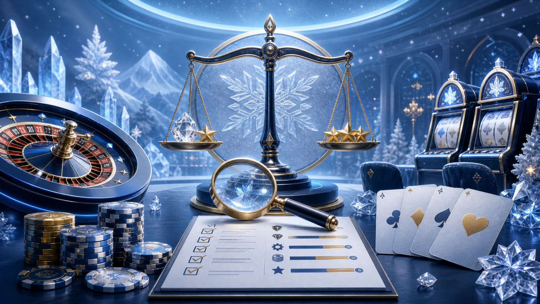 A WinterThemed Casino Scene With Roulette, Slot Machines, Playing Cards, Chips, And Visual Symbols Of Evaluation.