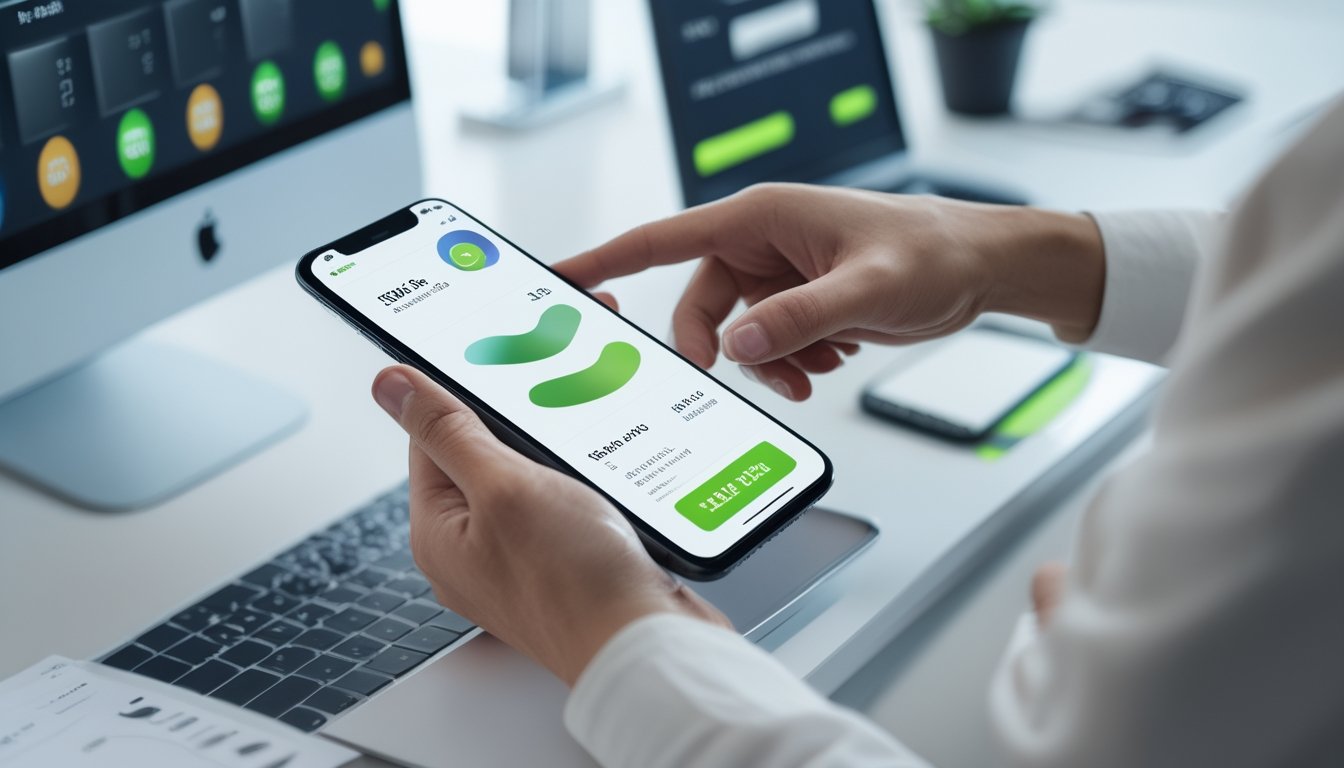 Seseorang menyiapkan akun dan saldo dompet digital menggunakan ponsel di meja kerja.