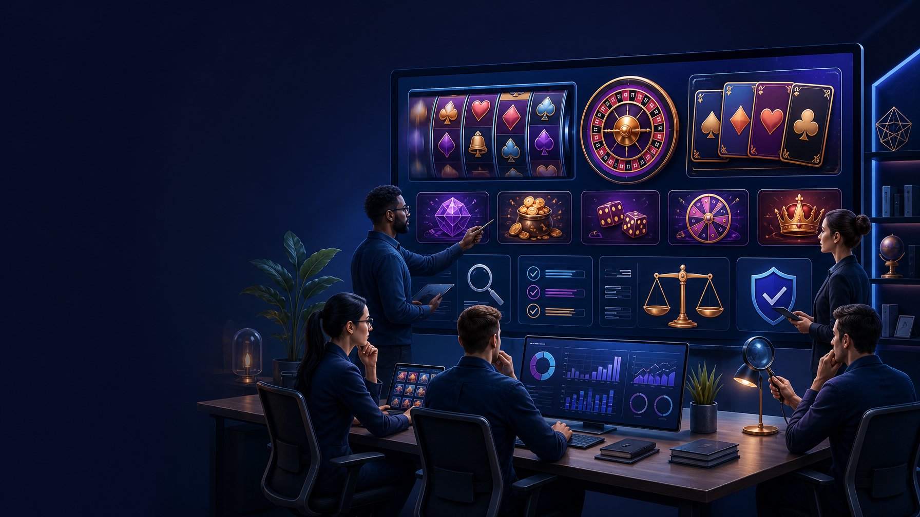 A Modern Casino Game Studio Team Reviewing Colorful Digital Game Screens And Evaluation Charts.