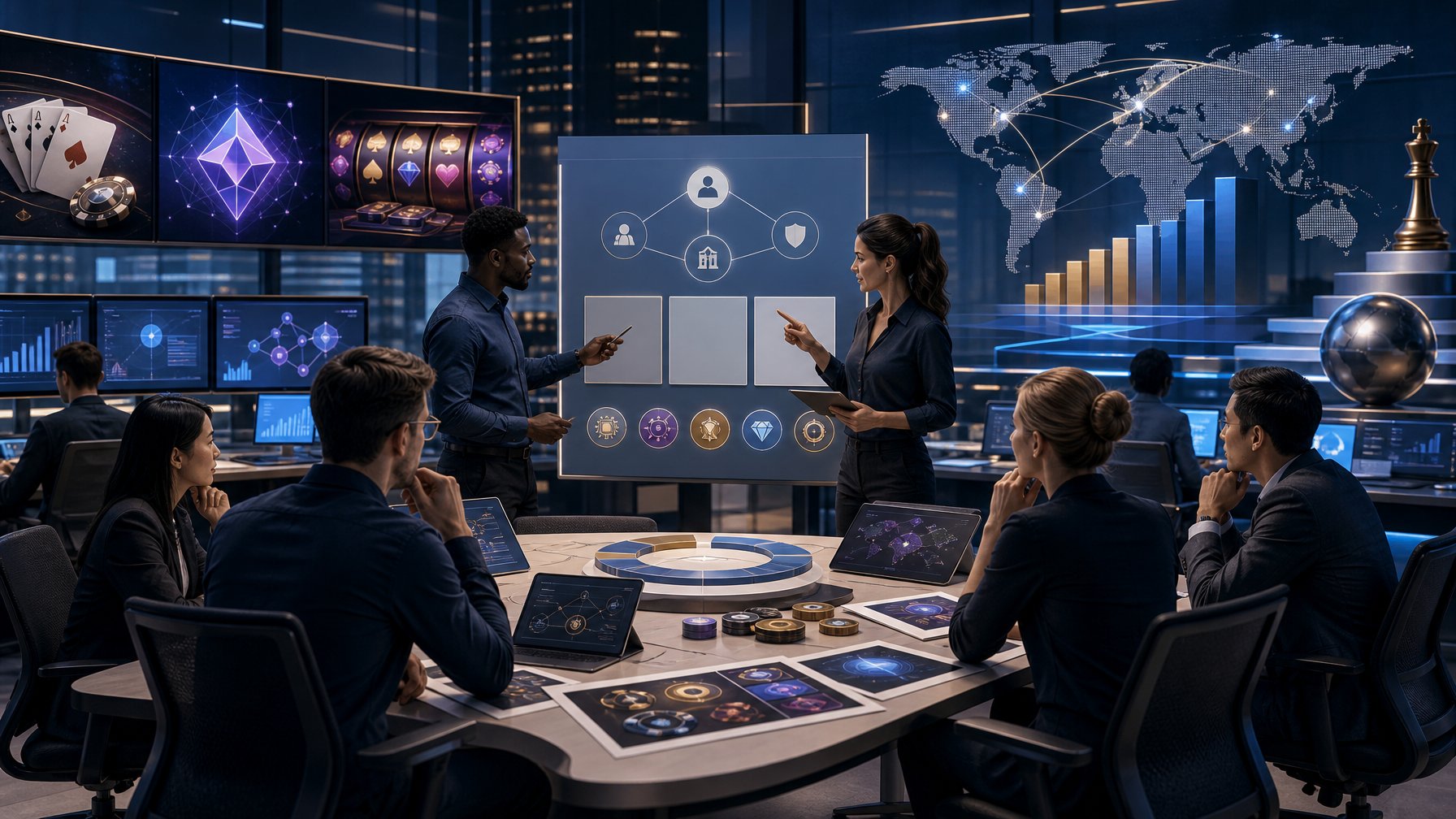 Professionals Collaborate In A Modern Game Studio Surrounded By Abstract Casino Graphics, Business Charts, And Connected Market Networks.
