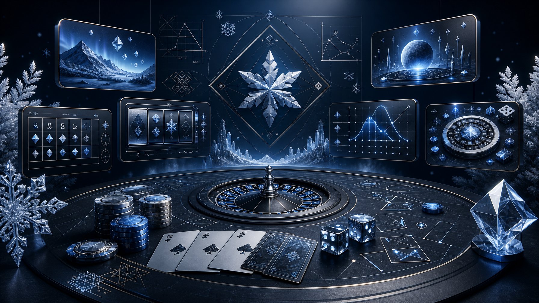 A Polished WinterThemed Casino Scene With Gaming Elements, Geometric Mathematics Symbols, And Several Abstract Game Displays.