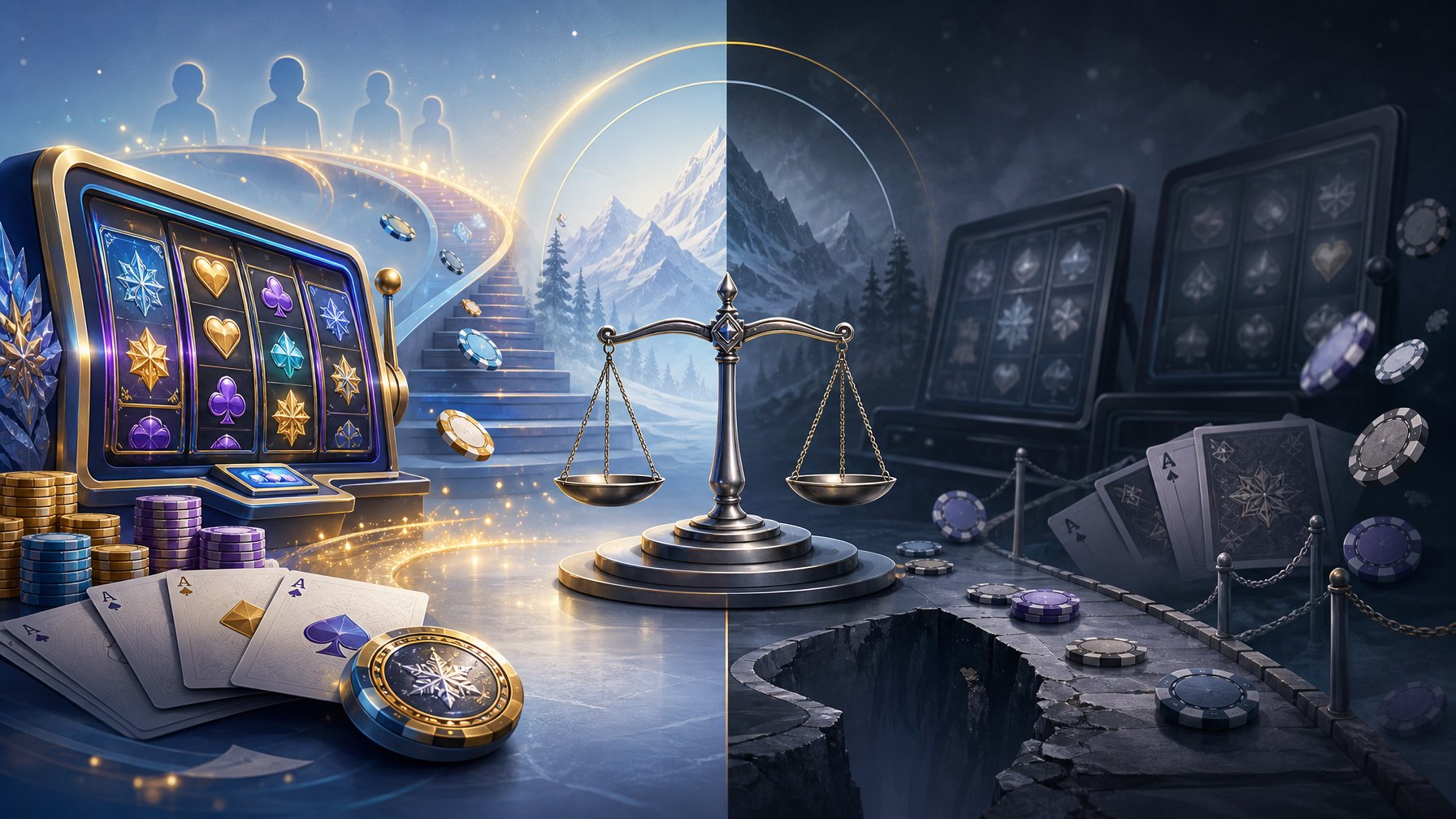 A Balanced CasinoThemed Scene Showing Attractive Game Options On One Side And Subdued Warnings And Limitations On The Other.
