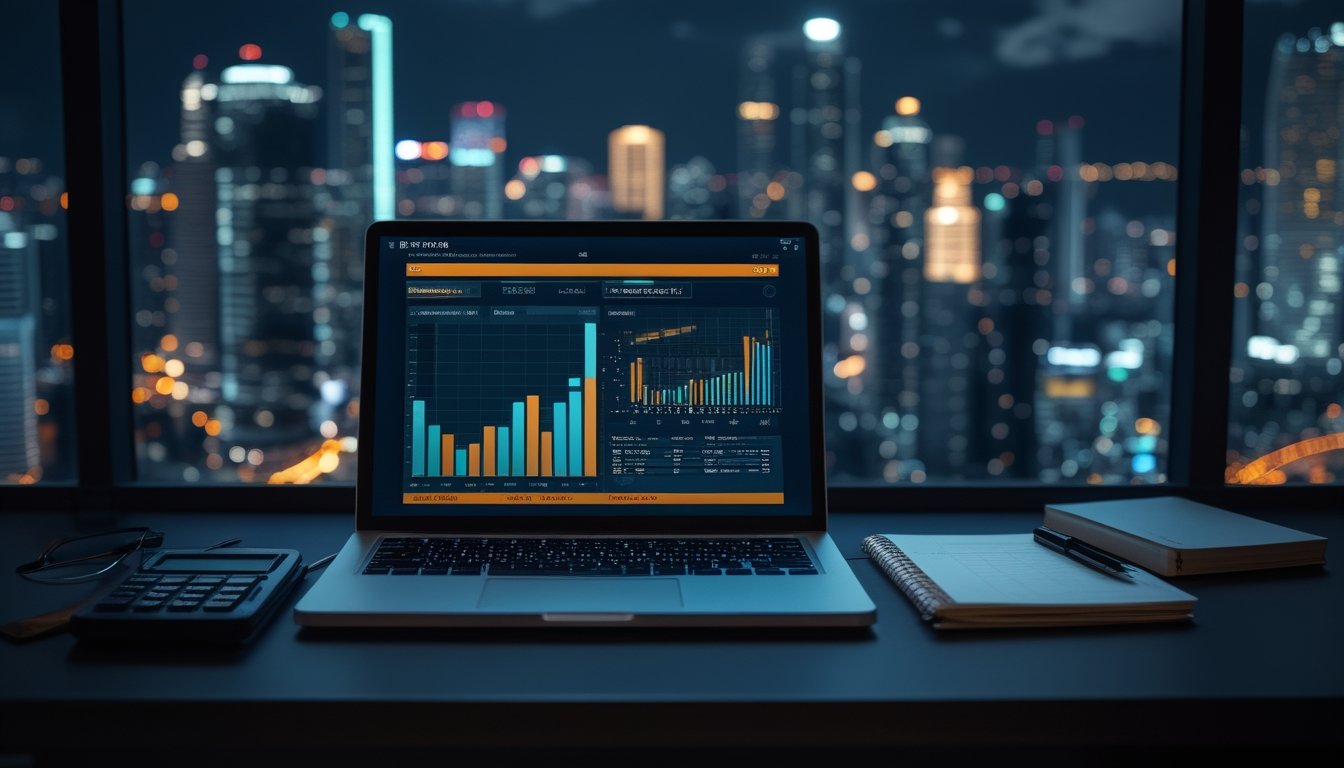 Meja kerja modern dengan laptop berisi grafik analisis abstrak, kalkulator, dan latar cahaya kota pada malam hari.