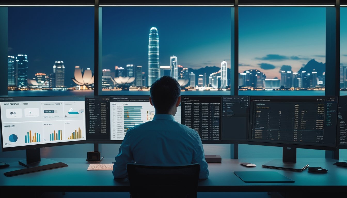 Analis sedang mempelajari grafik dan visualisasi data di ruang kerja modern pada malam hari.