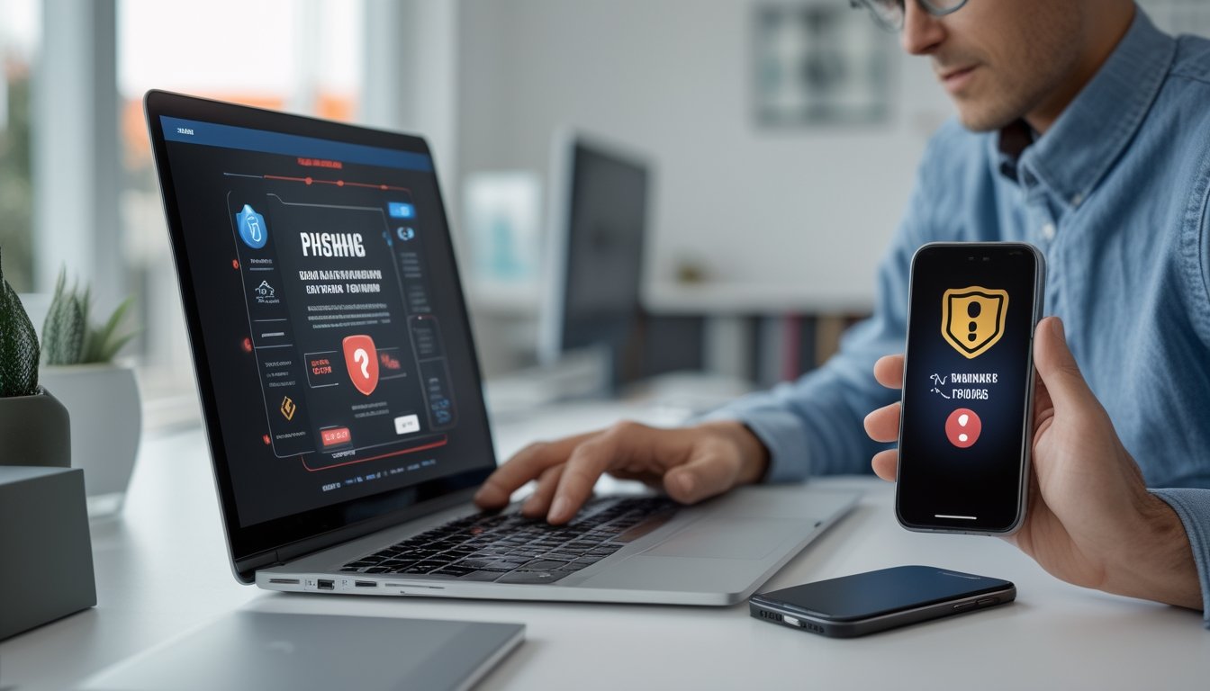 Seseorang memeriksa situs mencurigakan di laptop dengan simbol peringatan dan menutupnya.