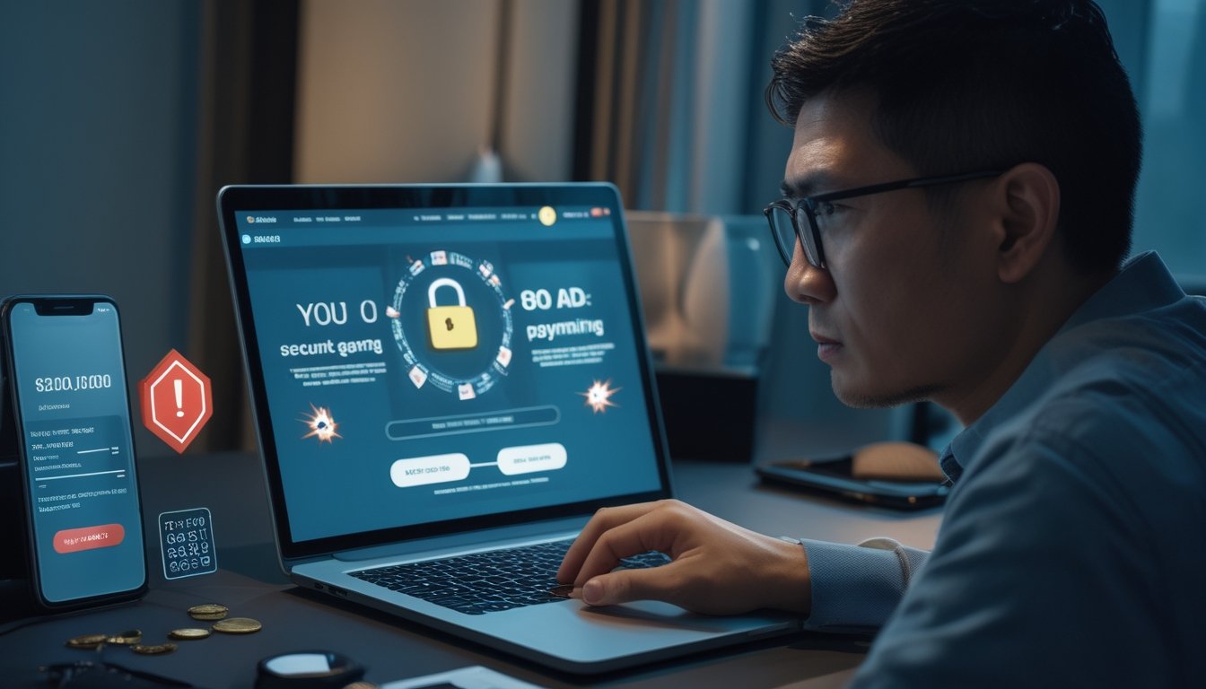 Seorang pengguna tampak waspada saat melihat situs togel online mencurigakan dengan simbol peringatan keamanan.