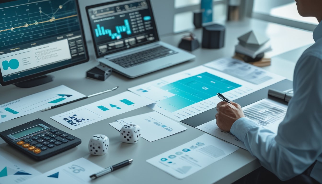 Seorang analis mempelajari grafik probabilitas dan angka abstrak di meja kerja modern.