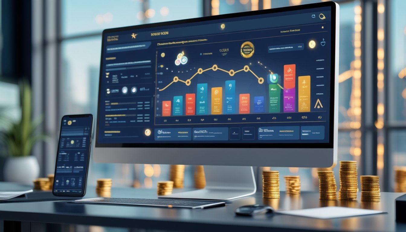 Komputer dan ponsel menampilkan dasbor digital abstrak dengan grafik, koin emas, dan elemen hadiah di ruang kerja modern.