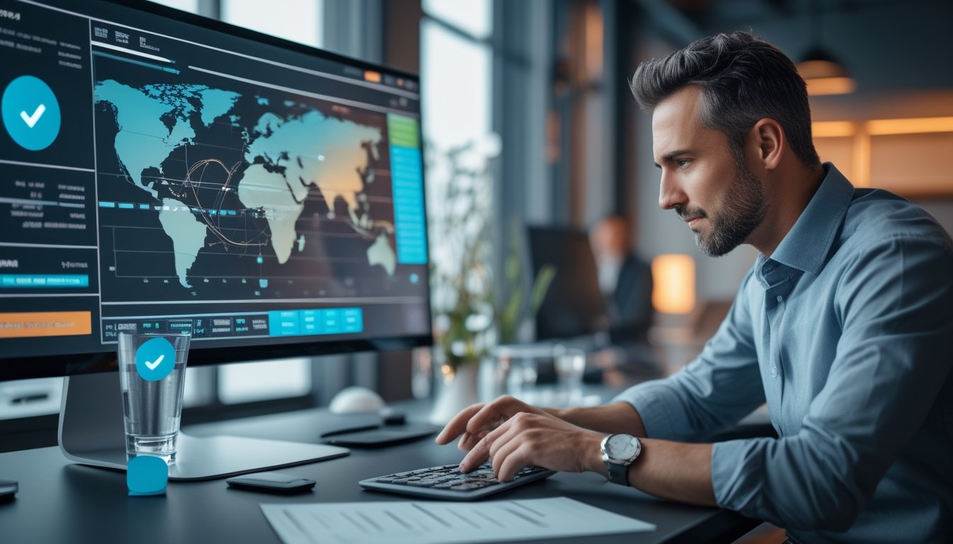 Analis meninjau perbandingan data pasar digital di ruang kerja modern.