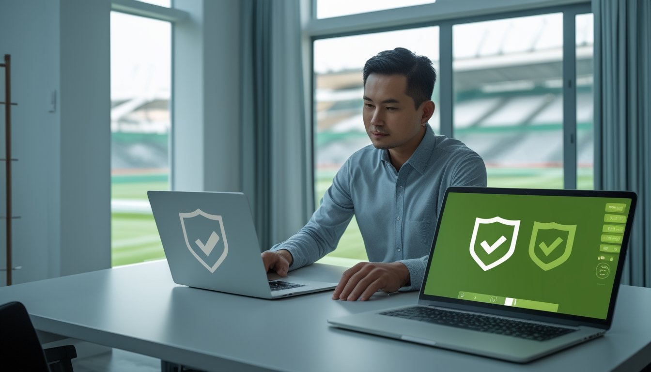 Seorang dewasa Indonesia meninjau platform olahraga di laptop dengan simbol keamanan dan latar stadion sepak bola yang buram.