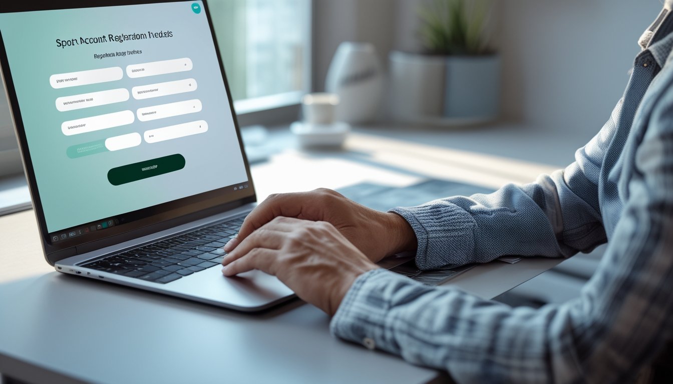 Seseorang mengisi formulir pendaftaran daring di laptop pada meja kerja modern.