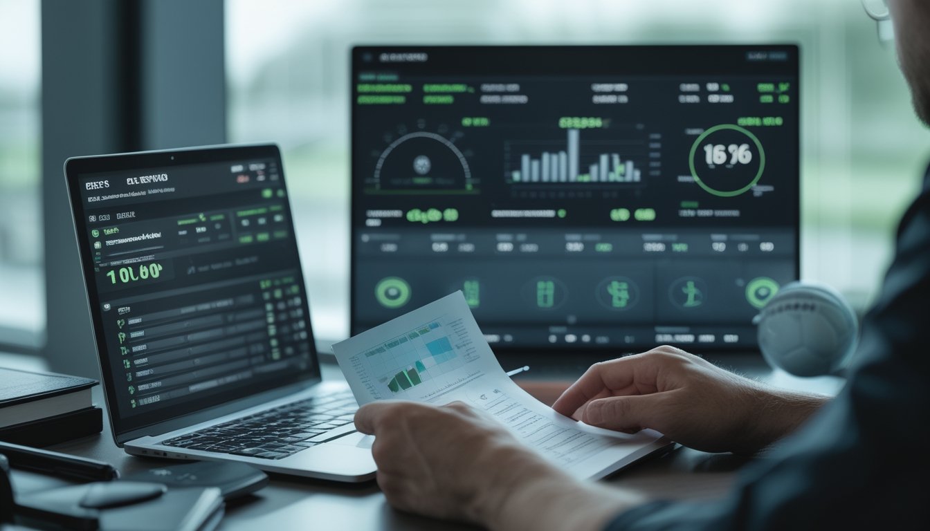Seorang analis memeriksa statistik pertandingan sepak bola di meja kerja dengan laptop, catatan, dan bola.