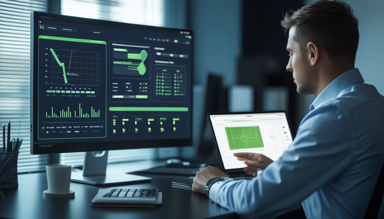 Seorang analis meninjau data pertandingan sepak bola dan grafik probabilitas di ruang kerja modern.