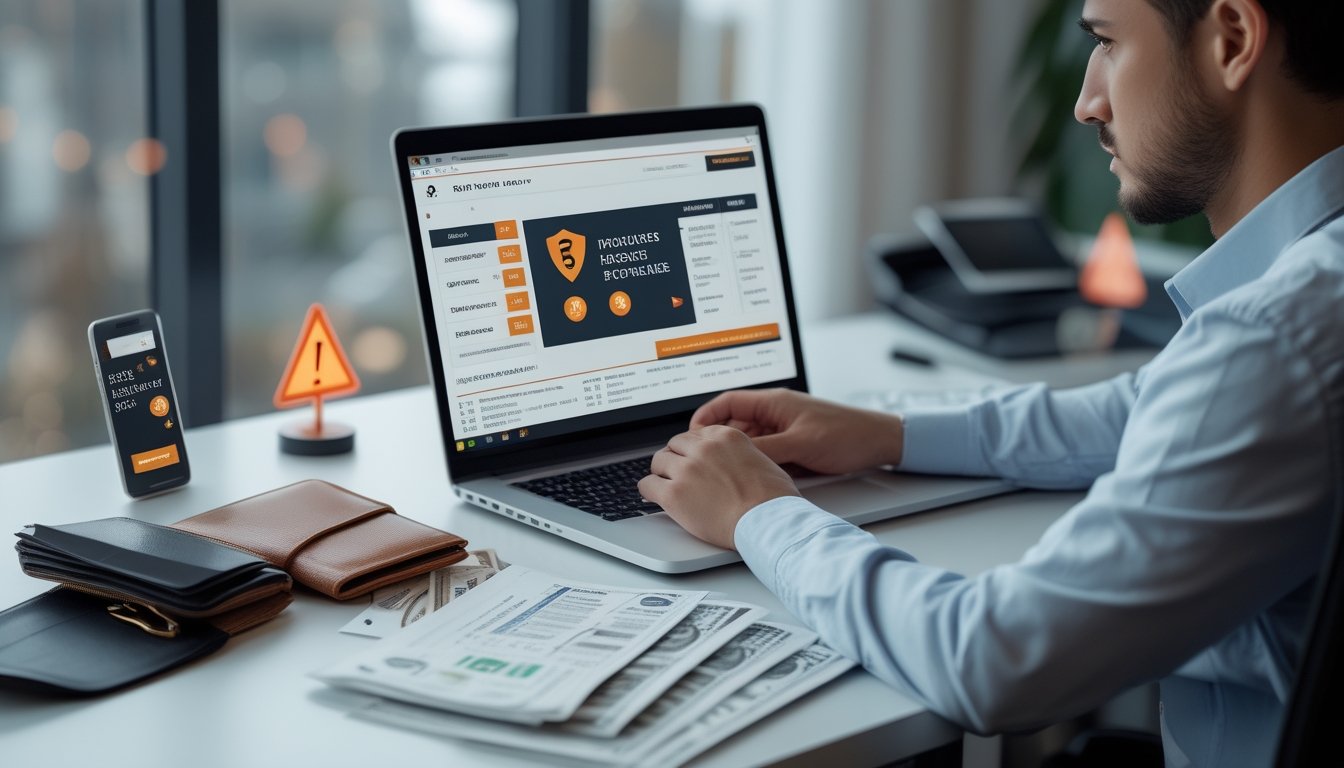 Seorang pemula memeriksa laptop dan ponsel dengan tanda peringatan terkait situs taruhan bola mencurigakan.