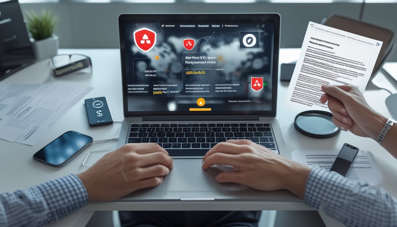 Pemula memeriksa situs taruhan olahraga mencurigakan di laptop dengan simbol peringatan.