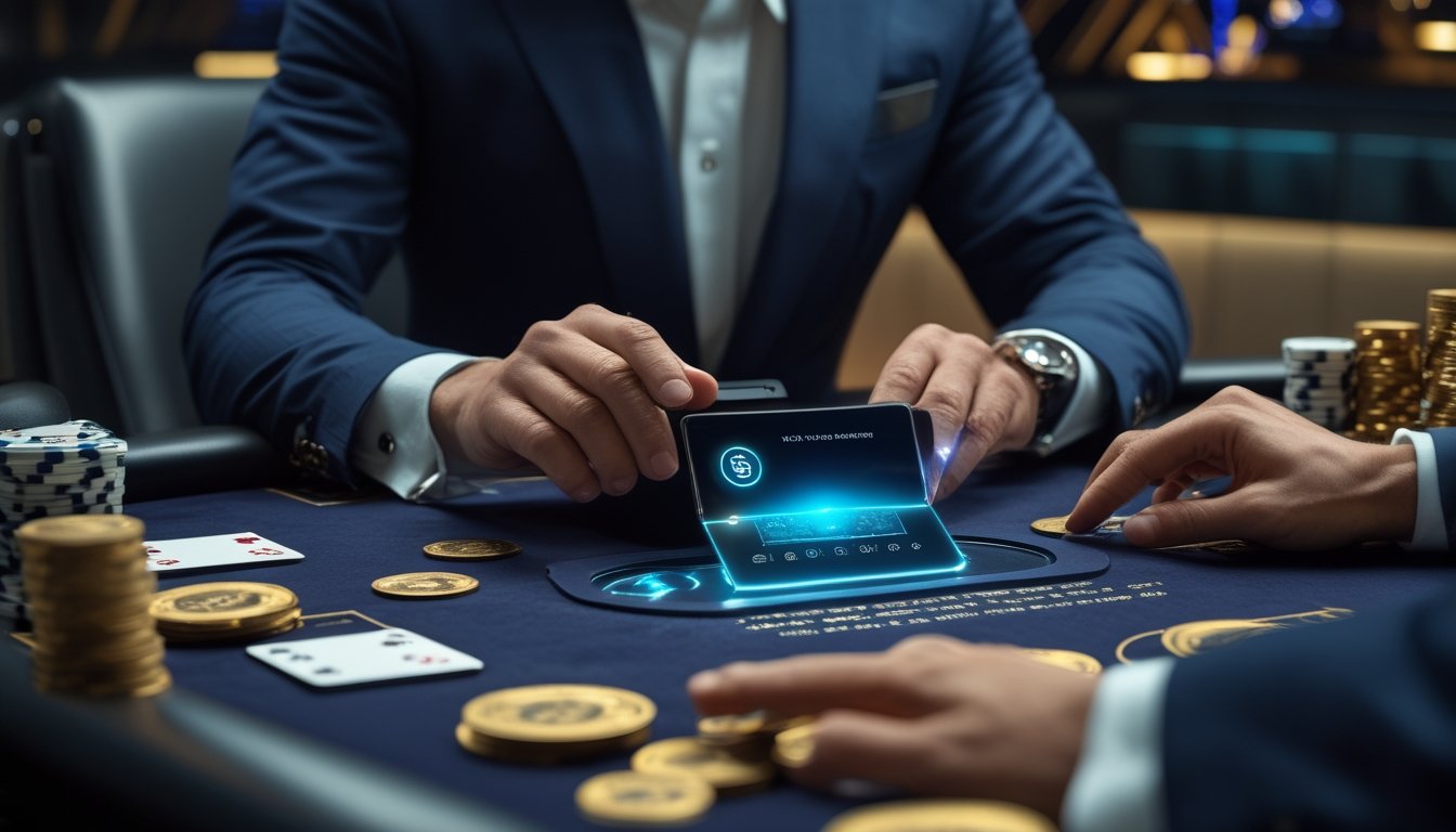 Suasana kasino mewah dengan meja baccarat, kartu, chip, dan ponsel yang menampilkan ilustrasi transaksi digital.