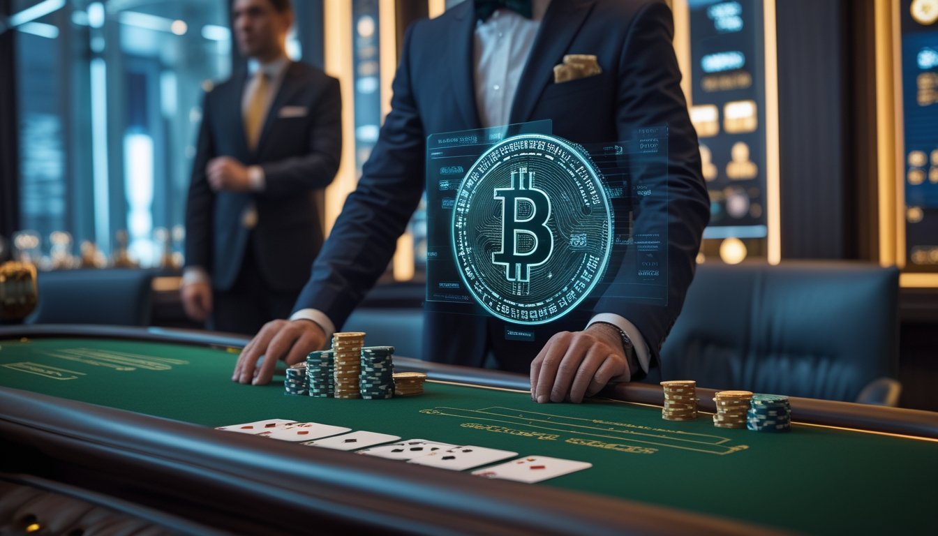 Suasana lounge kasino VIP dengan meja baccarat, kartu, chip, dan ilustrasi dompet kripto digital.