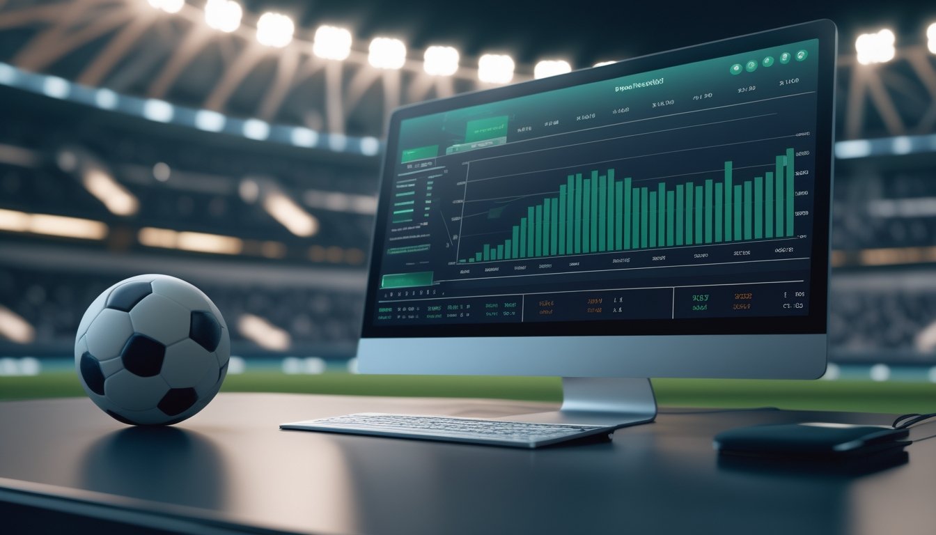 Bola sepak berada di depan layar yang menampilkan grafik analisis pertandingan di ruang kerja modern dengan latar stadion.