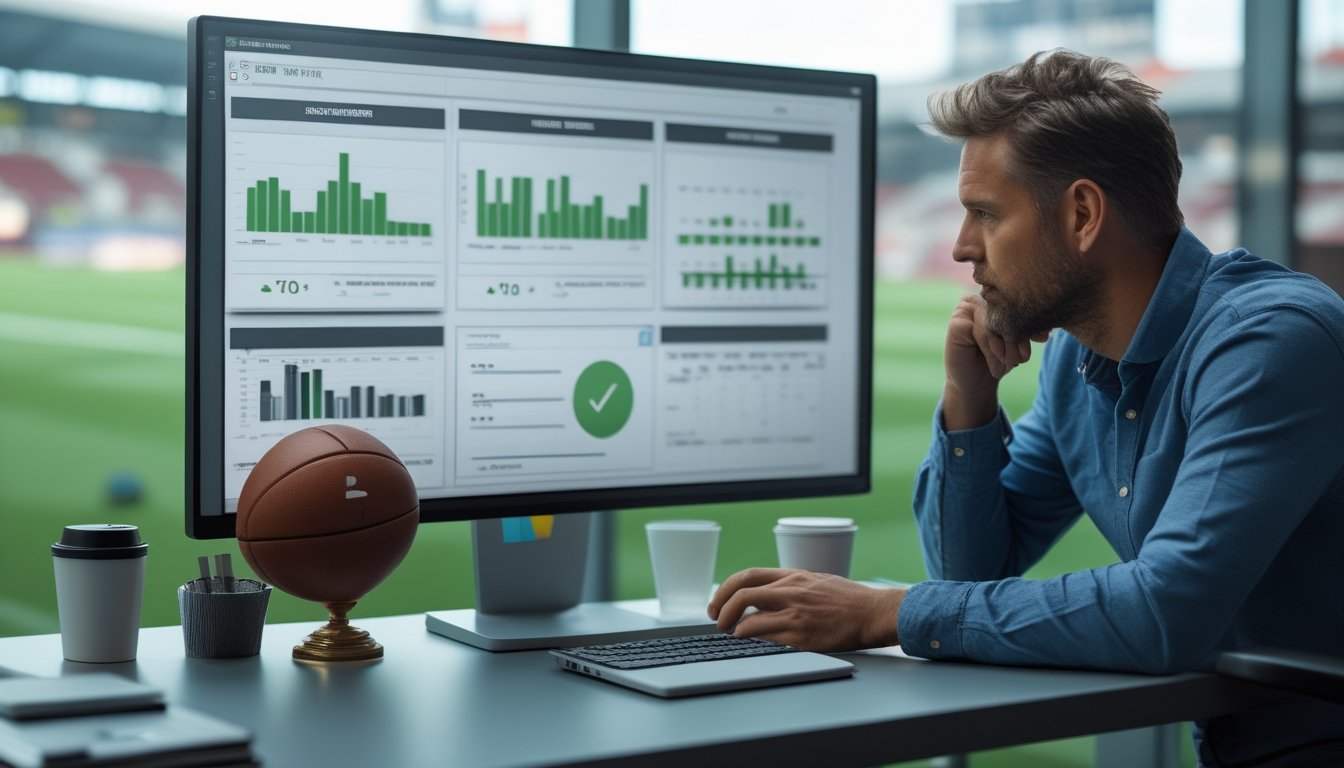 Analis memeriksa data pertandingan sepak bola dan perbandingan odds di ruang kerja modern.