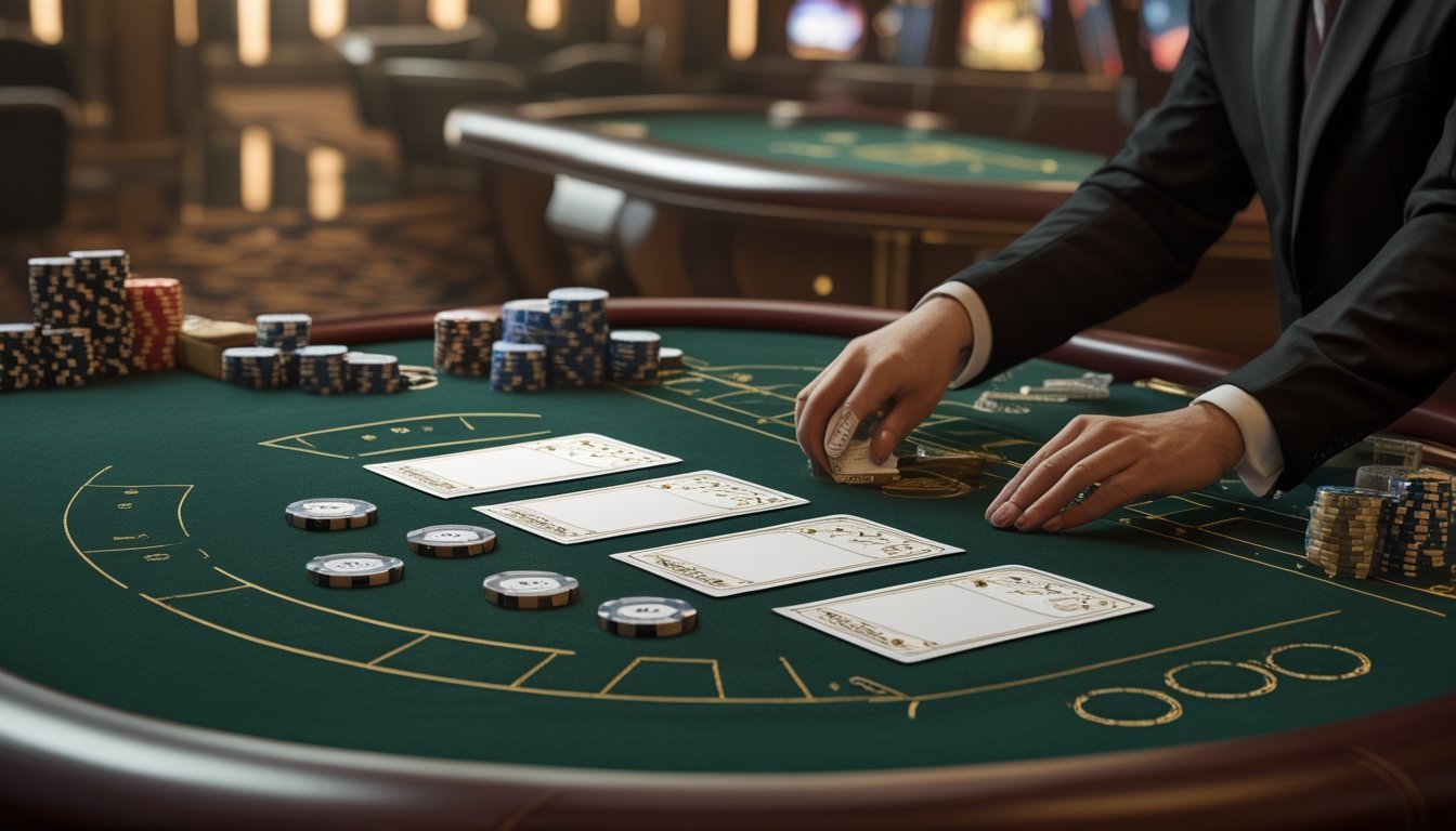 Meja baccarat VIP dengan kartu, keping kasino, dan lembar pola skor kosong di suasana kasino mewah.