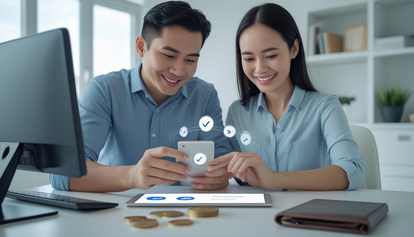 Seorang pria dan wanita memeriksa ponsel dengan simbol pembayaran digital, dompet, dan koin di ruang kerja modern.