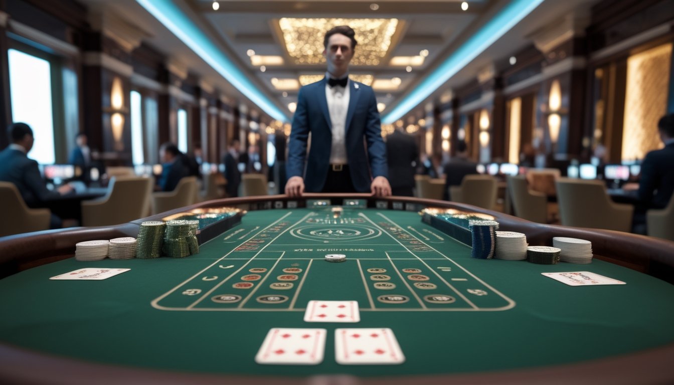 Meja baccarat VIP dengan pola roadmap skor abstrak, dealer, kartu, dan chip di ruang kasino elegan.