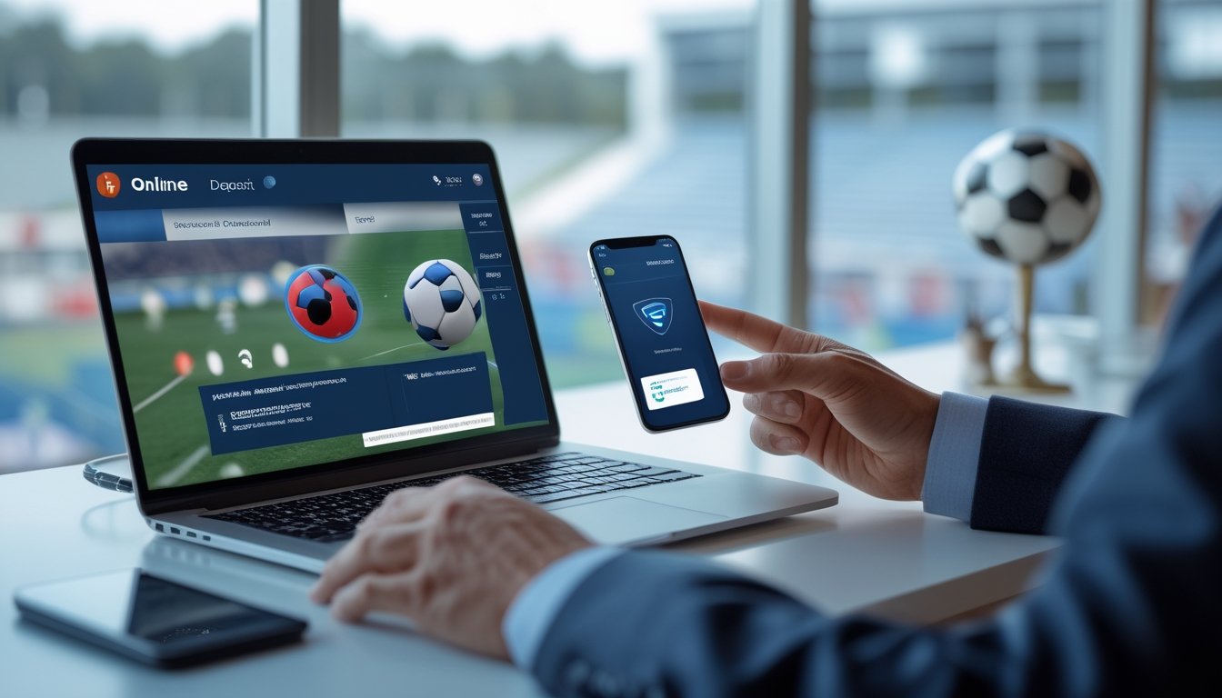 Tangan seseorang menggunakan laptop dan ponsel untuk melakukan transaksi digital dengan latar bertema sepak bola.