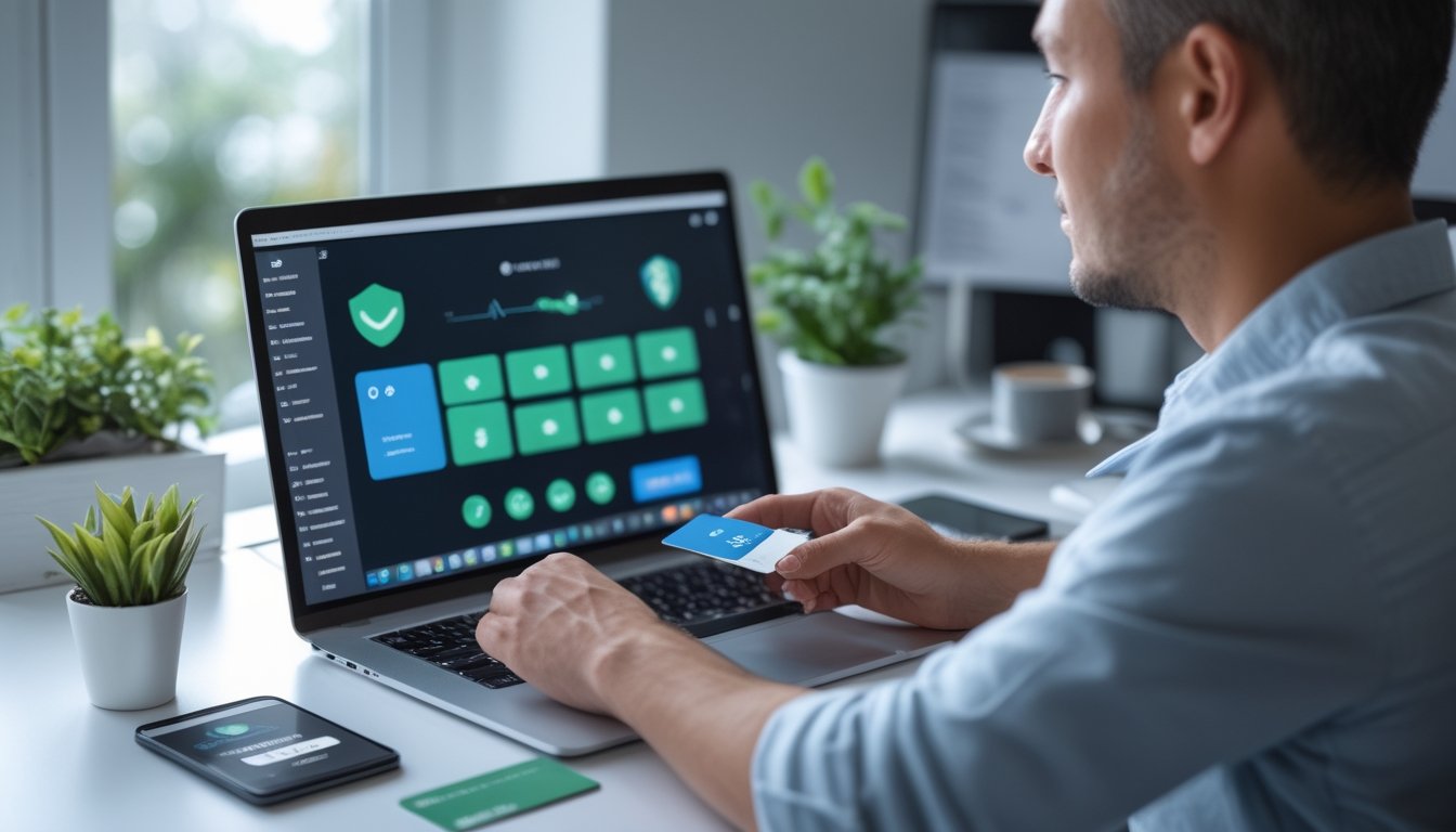 Seseorang mengelola akun dan transaksi pembayaran digital menggunakan laptop dan ponsel di meja kerja.